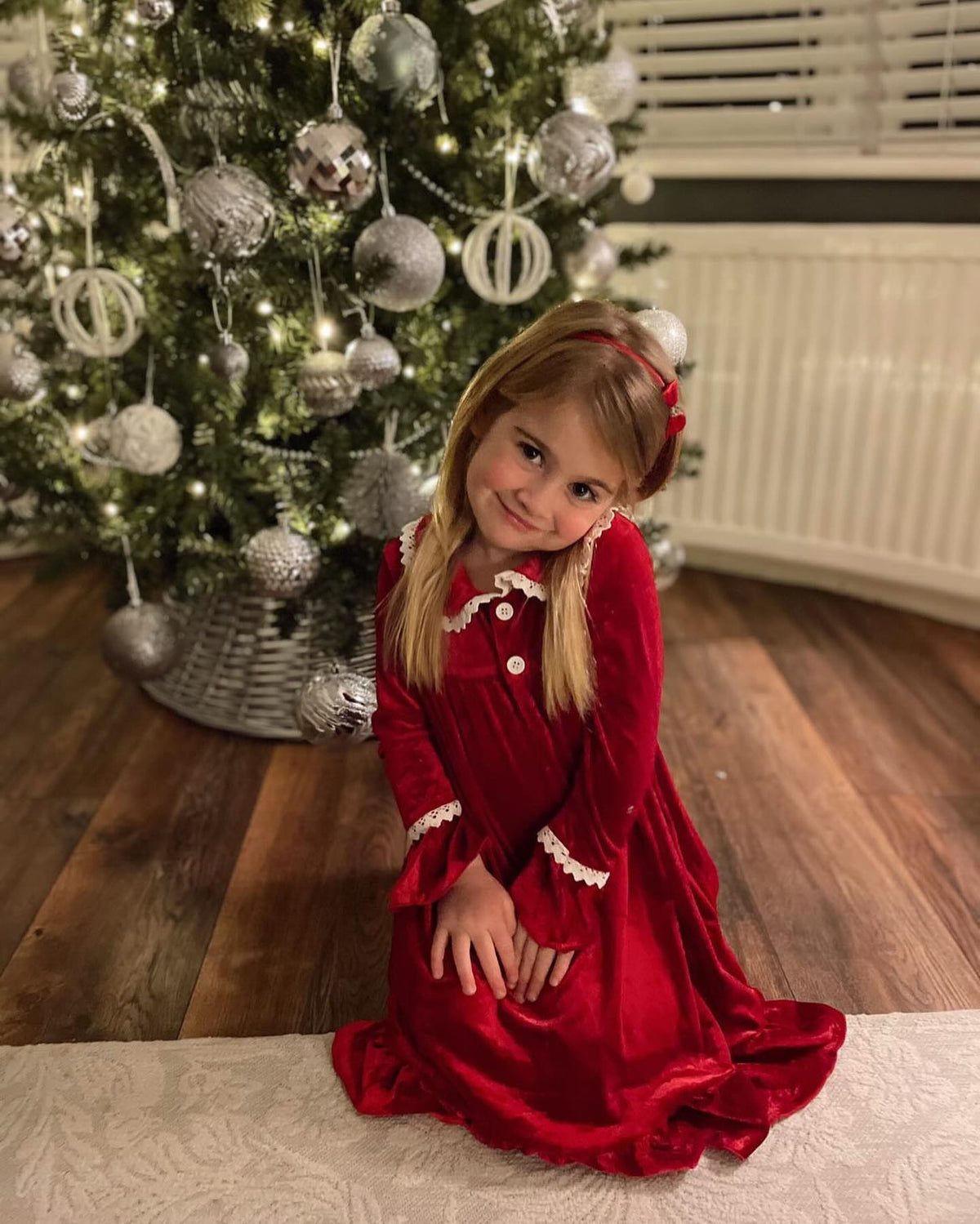 Red velvet matching family Christmas pajamas with white trim - view 5