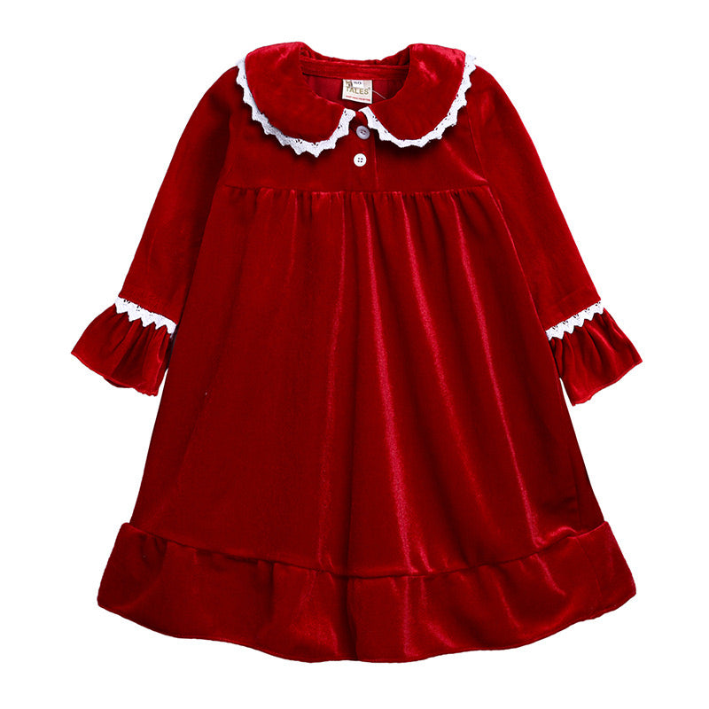 Red velvet matching family Christmas pajamas with white trim - view 8