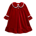 Red velvet matching family Christmas pajamas with white trim - view 8