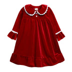 Red velvet matching family Christmas pajamas with white trim - view 8