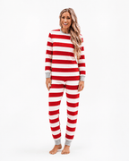 Family in matching red and white striped Christmas pajamas with gray cuffs - view 10