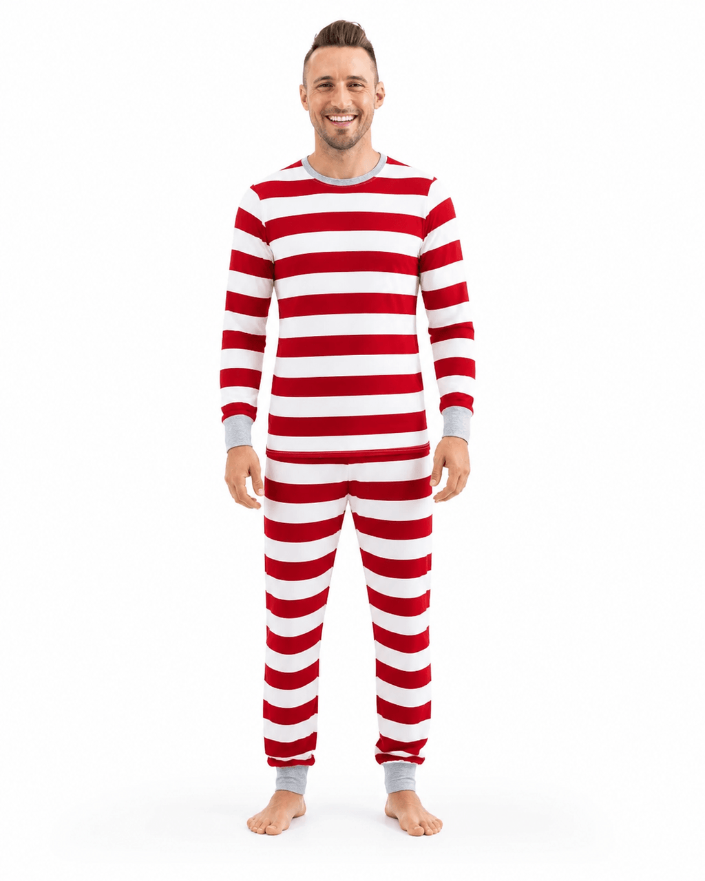 Family in matching red and white striped Christmas pajamas with gray cuffs - view 11