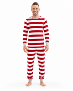 Family in matching red and white striped Christmas pajamas with gray cuffs - view 11