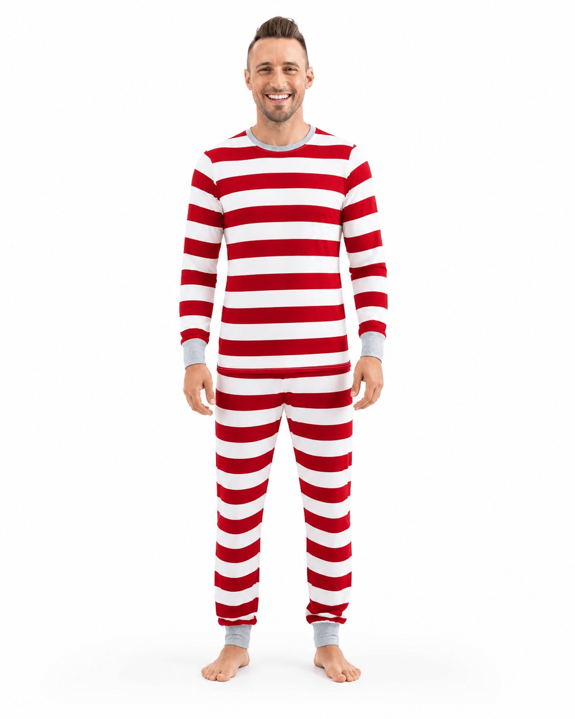 Family in matching red and white striped Christmas pajamas with gray cuffs - view 11