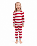 Family in matching red and white striped Christmas pajamas with gray cuffs - view 12