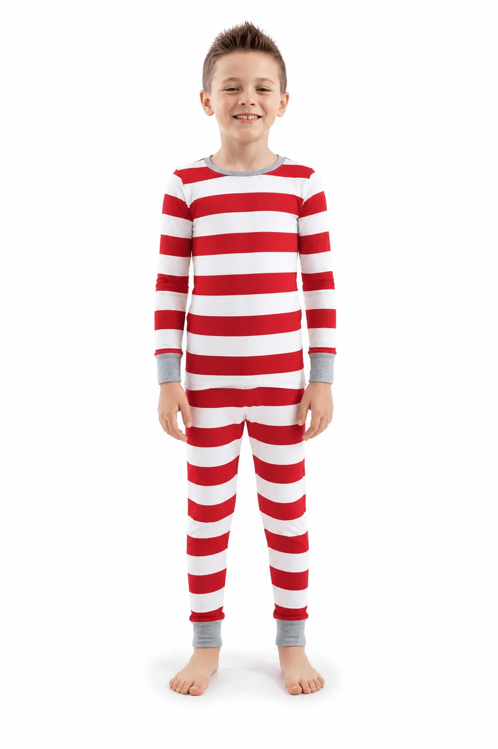 Family in matching red and white striped Christmas pajamas with gray cuffs - view 13