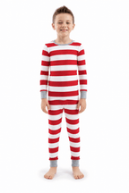 Family in matching red and white striped Christmas pajamas with gray cuffs - view 13