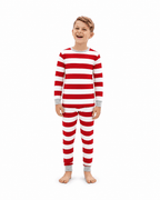 Family in matching red and white striped Christmas pajamas with gray cuffs - view 14