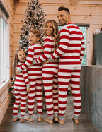 Family in matching red and white striped Christmas pajamas with gray cuffs - view 2