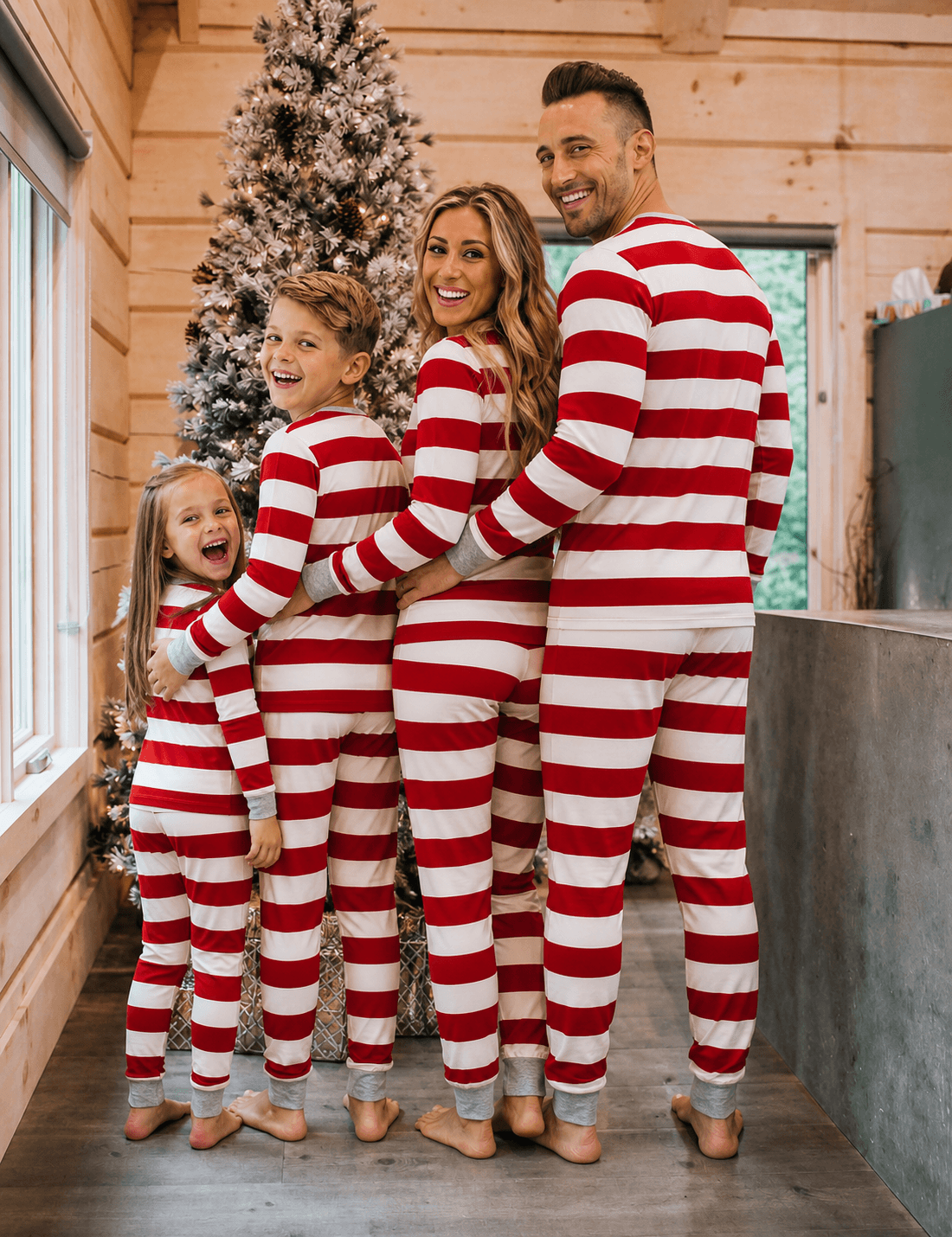 Family in matching red and white striped Christmas pajamas with gray cuffs - view 2
