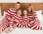 Family in matching red and white striped Christmas pajamas with gray cuffs - view 4
