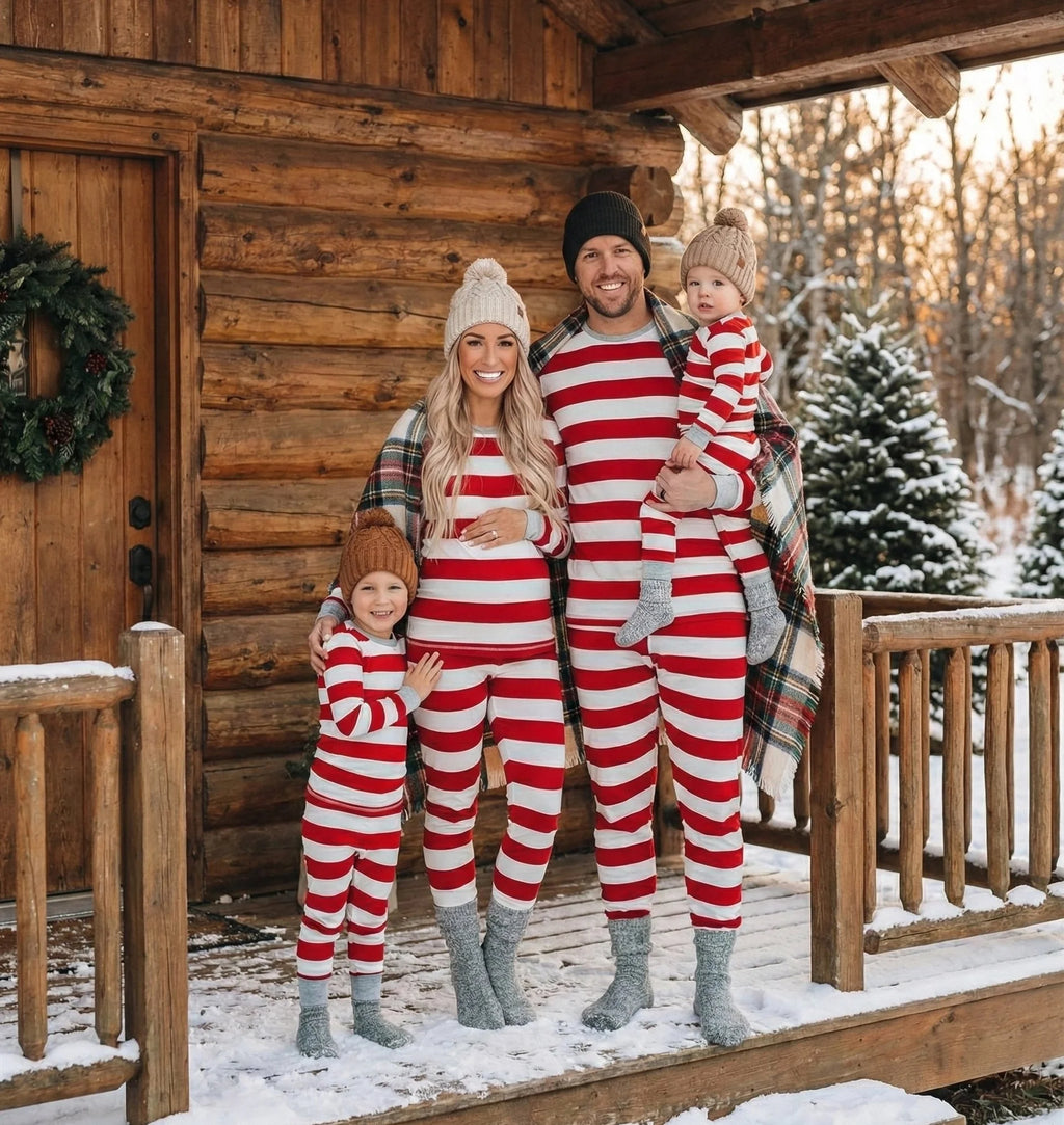 Family in matching red and white striped Christmas pajamas with gray cuffs - view 5