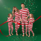 Family in matching red and white striped Christmas pajamas with gray cuffs - view 6
