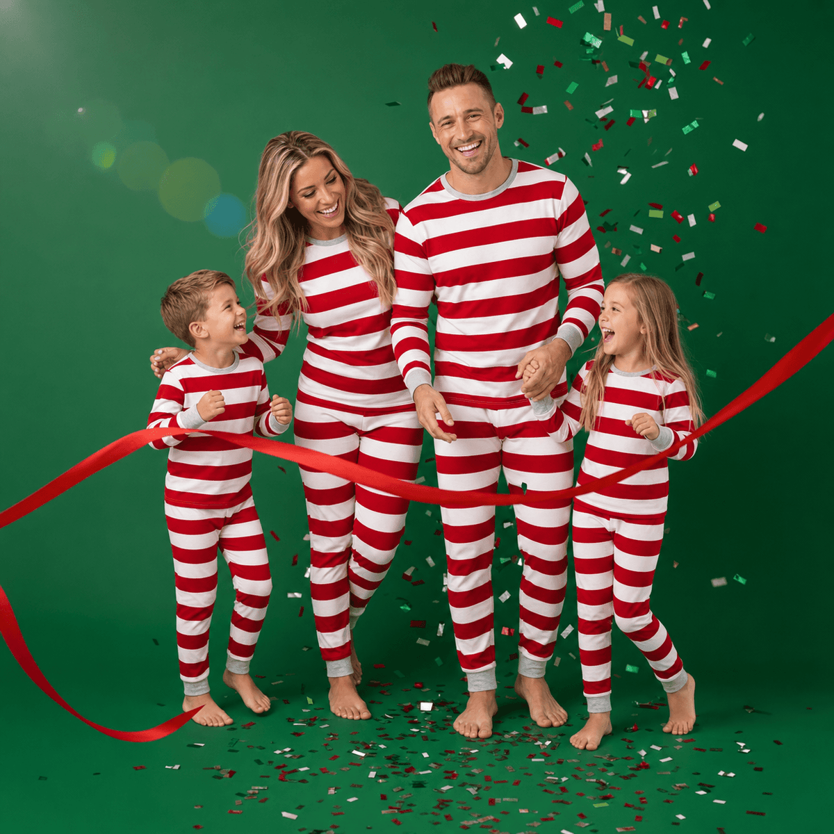Family in matching red and white striped Christmas pajamas with gray cuffs - view 6