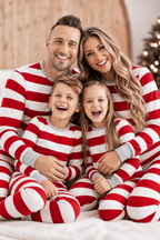 Family in matching red and white striped Christmas pajamas with gray cuffs - view 7