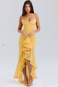 Ruched mesh maxi dress with sweetheart neckline, spaghetti straps and cascading front ruffle split hem