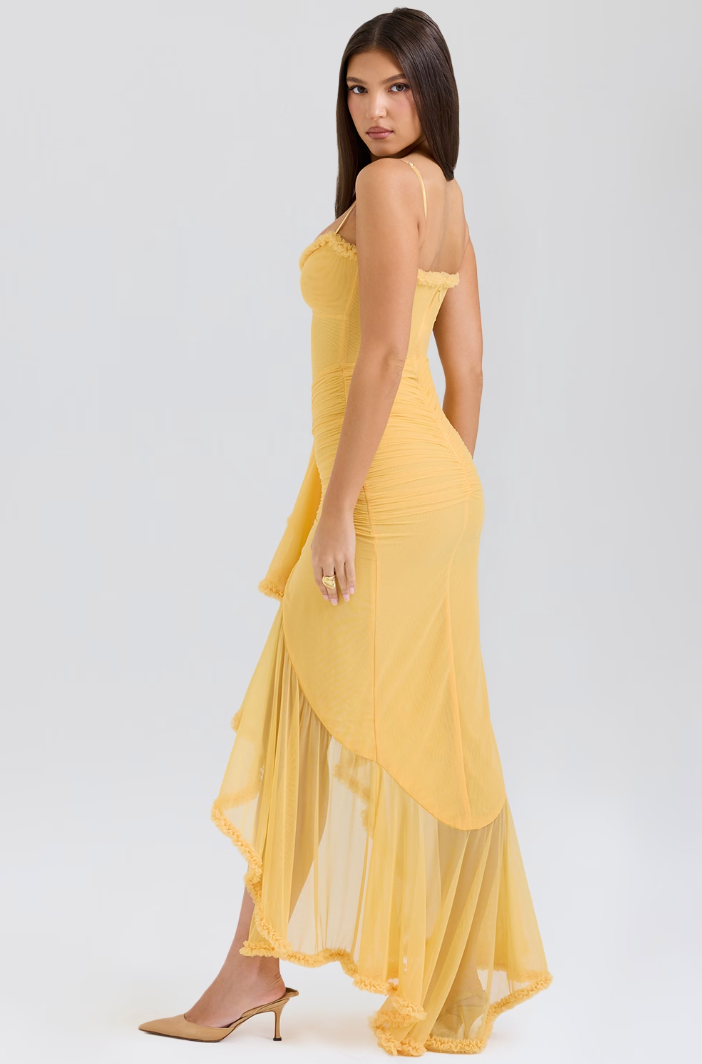 Ruched mesh maxi dress with sweetheart neckline, spaghetti straps and cascading front ruffle split hem - view 10