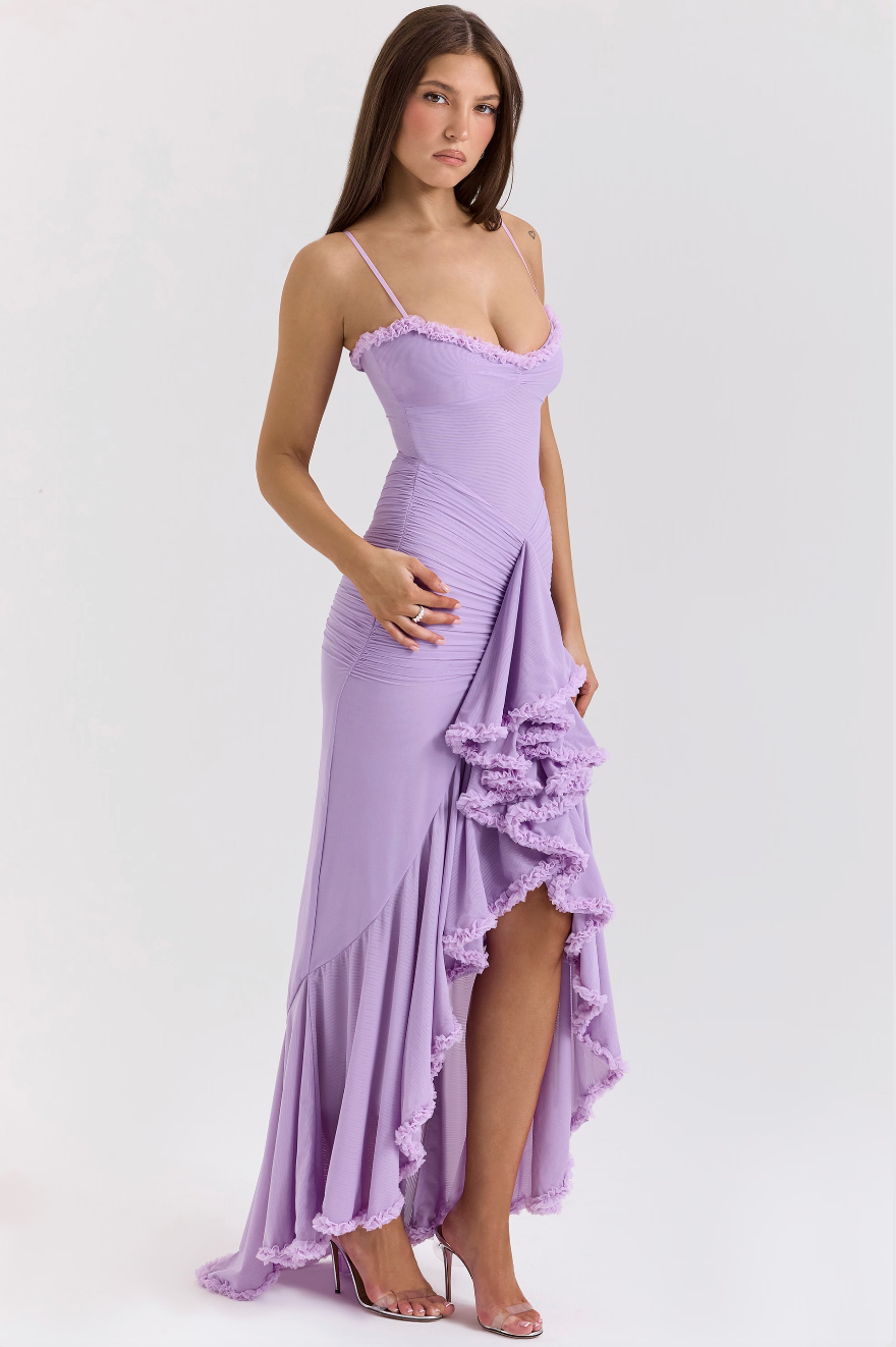 Ruched mesh maxi dress with sweetheart neckline, spaghetti straps and cascading front ruffle split hem - view 11