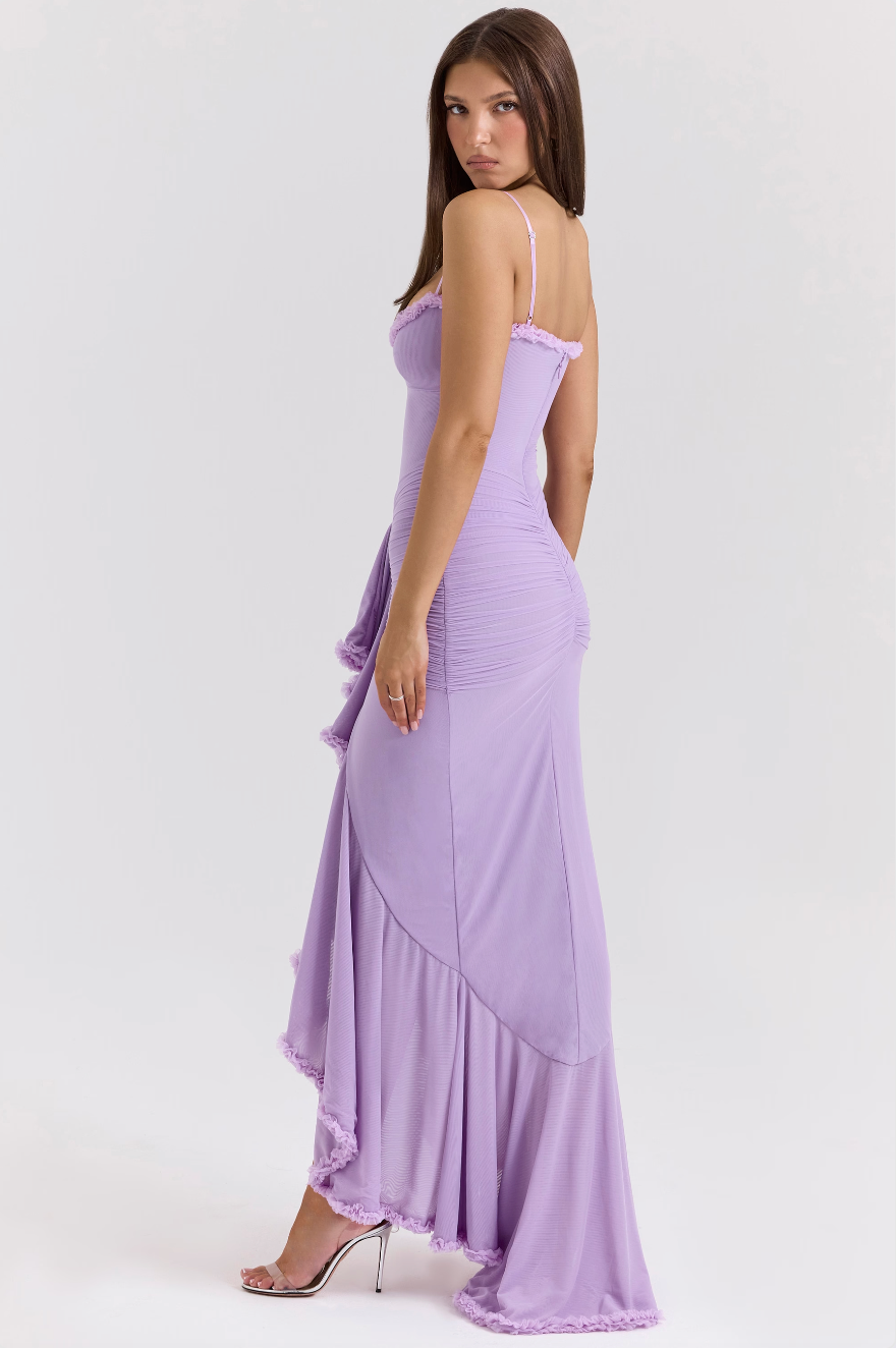 Ruched mesh maxi dress with sweetheart neckline, spaghetti straps and cascading front ruffle split hem - view 12