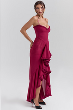 Ruched mesh maxi dress with sweetheart neckline, spaghetti straps and cascading front ruffle split hem - view 13