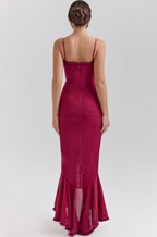 Ruched mesh maxi dress with sweetheart neckline, spaghetti straps and cascading front ruffle split hem - view 14