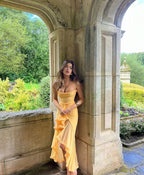 Ruched mesh maxi dress with sweetheart neckline, spaghetti straps and cascading front ruffle split hem - view 8