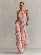 Rosa | Women's Blush Pleated Jumpsuit With Halter Neck & Ruched Waist oaklynwear