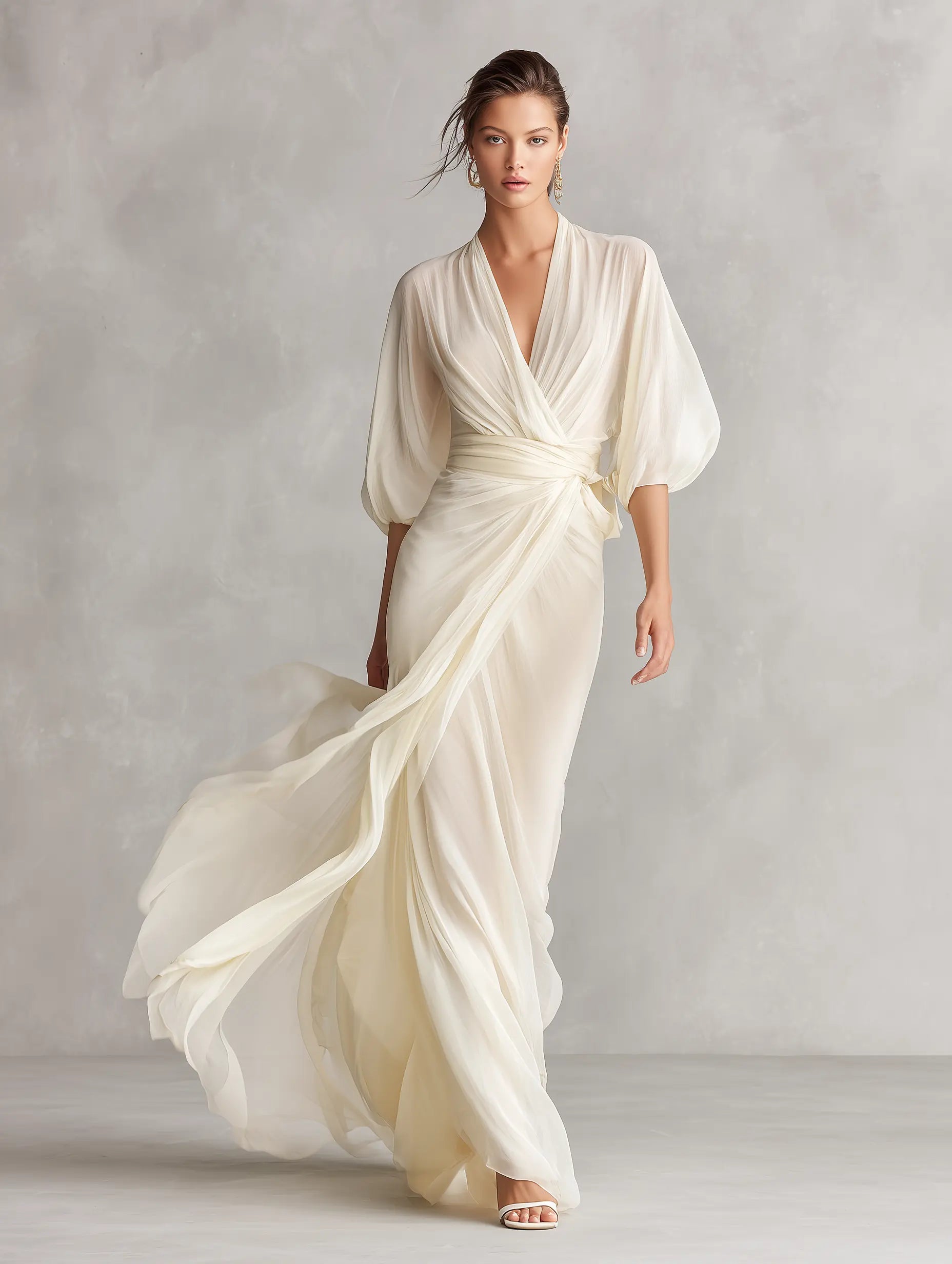 Isabelle | Women's Ivory Sheer Chiffon Dress With Puff Sleeves & Wrap Detail oaklynwear