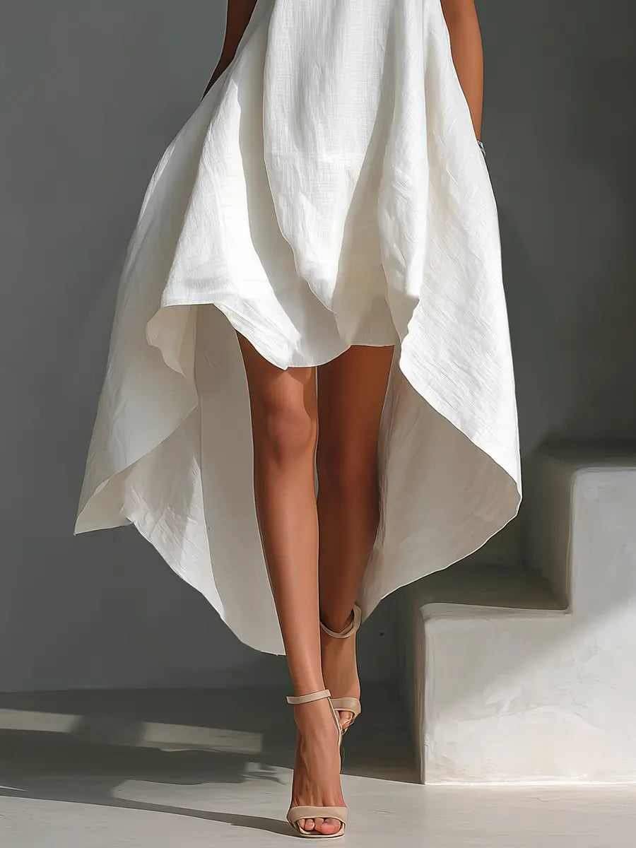 Vera | Women's White Linen Fabric Sleeveless Midi Dress With Round Neck & Asymmetric Hem oaklynwear