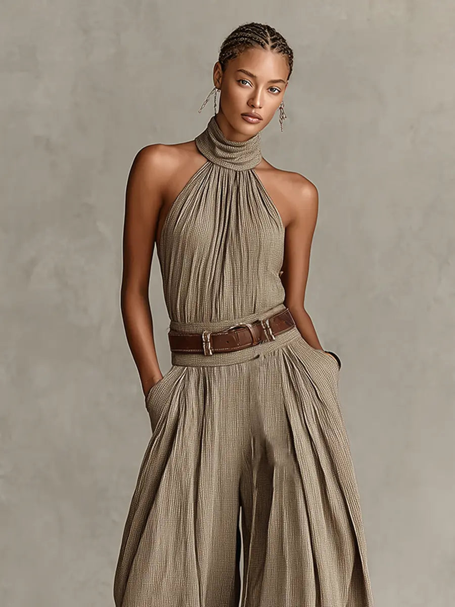 Autumn | Women's Taupe Cotton-Blend Jumpsuit With Halter Neck & Wide-Leg Silhouette oaklynwear