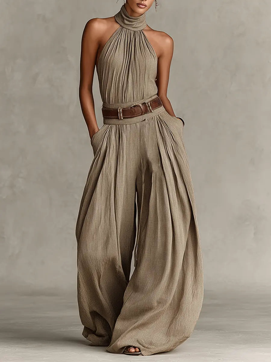 Autumn | Women's Taupe Cotton-Blend Jumpsuit With Halter Neck & Wide-Leg Silhouette oaklynwear