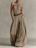 Autumn | Women's Taupe Cotton-Blend Jumpsuit With Halter Neck & Wide-Leg Silhouette oaklynwear
