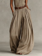Autumn | Women's Taupe Cotton-Blend Jumpsuit With Halter Neck & Wide-Leg Silhouette oaklynwear