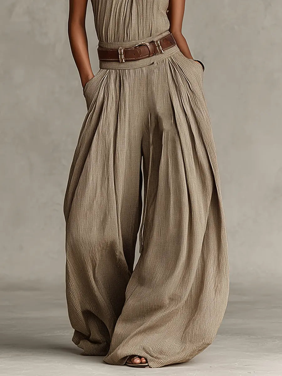 Autumn | Women's Taupe Cotton-Blend Jumpsuit With Halter Neck & Wide-Leg Silhouette oaklynwear