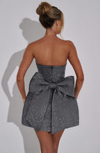 Strapless glitter mini dress with oversized back bow and structured A-line skirt - view 15
