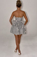 Strapless glitter mini dress with oversized back bow and structured A-line skirt - view 18