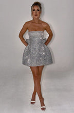 Strapless glitter mini dress with oversized back bow and structured A-line skirt - view 19