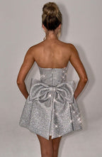 Strapless glitter mini dress with oversized back bow and structured A-line skirt - view 20