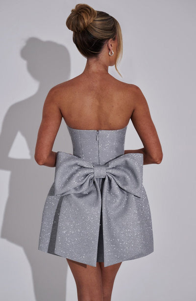 Strapless glitter mini dress with oversized back bow and structured A-line skirt - view 21