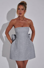 Strapless glitter mini dress with oversized back bow and structured A-line skirt - view 22