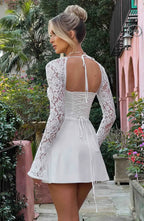Long sleeve lace mini dress with sweetheart neckline and lace-up open back - view 2