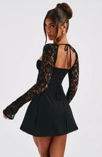 Long sleeve lace mini dress with sweetheart neckline and lace-up open back - view 4