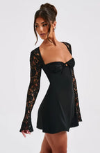 Long sleeve lace mini dress with sweetheart neckline and lace-up open back - view 5