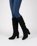 Black pointed toe slouchy knee high boots with ruched faux suede shaft