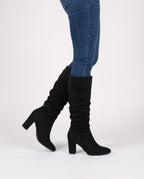 Black pointed toe slouchy knee high boots with ruched faux suede shaft - view 2