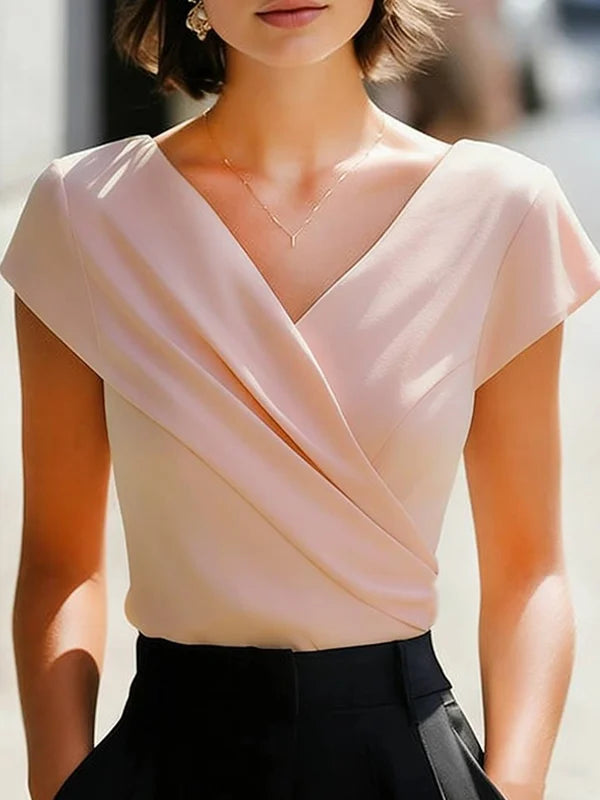 Elegant Satin Wrap V-Neck Short-Sleeve Shirt oaklynwear