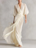 Isabelle | Women's Ivory Sheer Chiffon Dress With Puff Sleeves & Wrap Detail oaklynwear