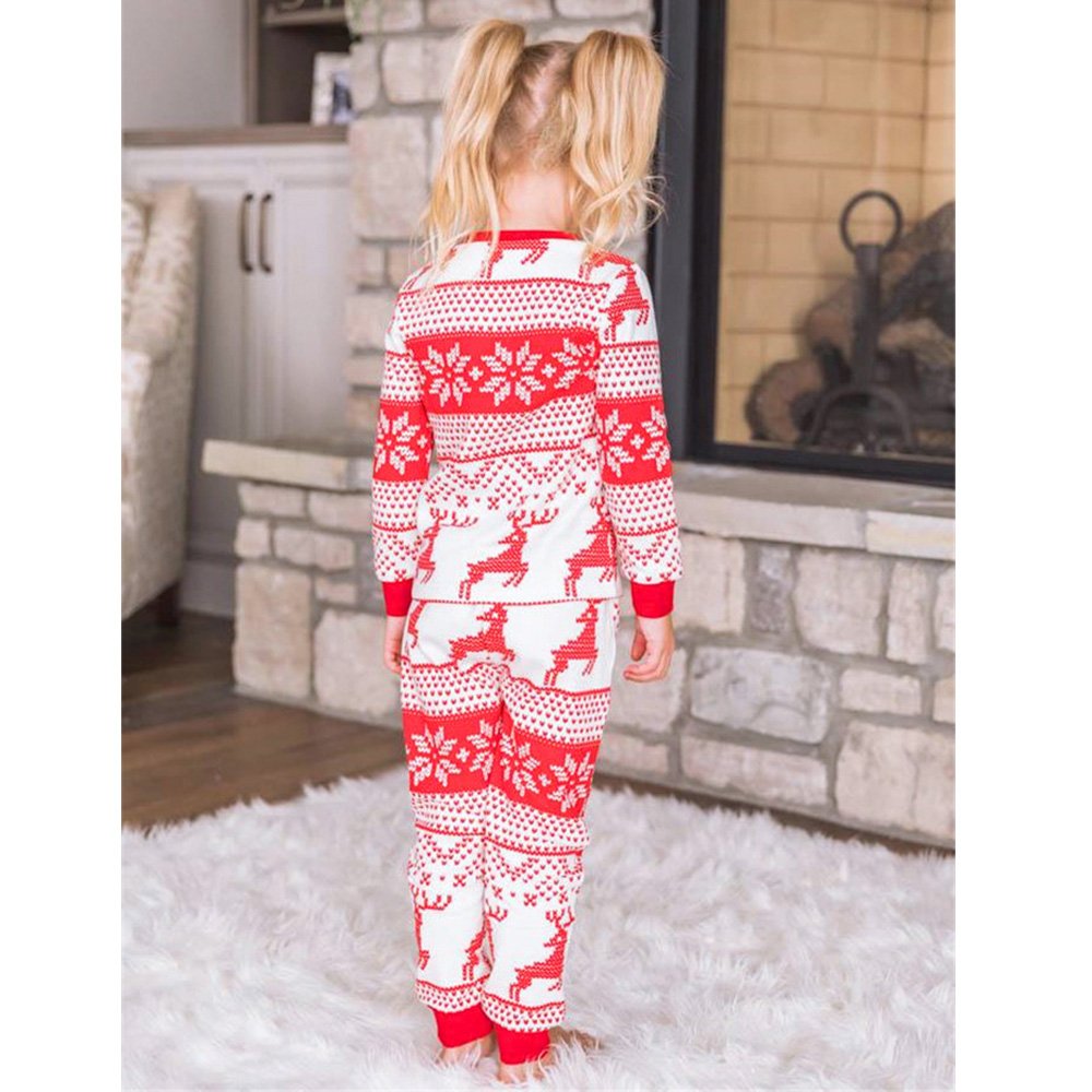 Family wearing matching red and white reindeer and snowflake print Christmas pajamas - view 8
