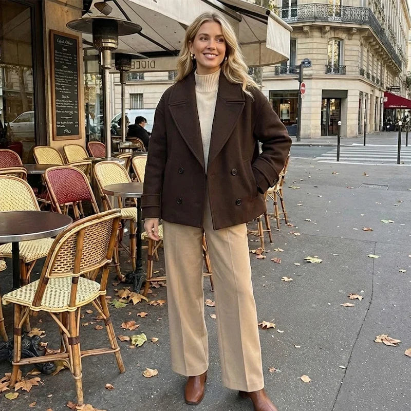 Women's cropped double-breasted peacoat with wide notched lapels