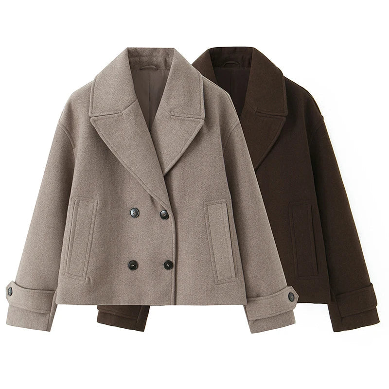 Women's cropped double-breasted peacoat with wide notched lapels - view 6